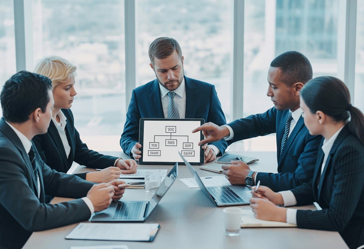 Exclusiviteit in distributiecontracten – zegen of risico? Uitleg & valkuilen 1 Een zakelijke vergadering met professionals die samenwerken rond een tafel met documenten en laptops, waarbij ze een tablet bekijken met een distributienetwerkdiagram.