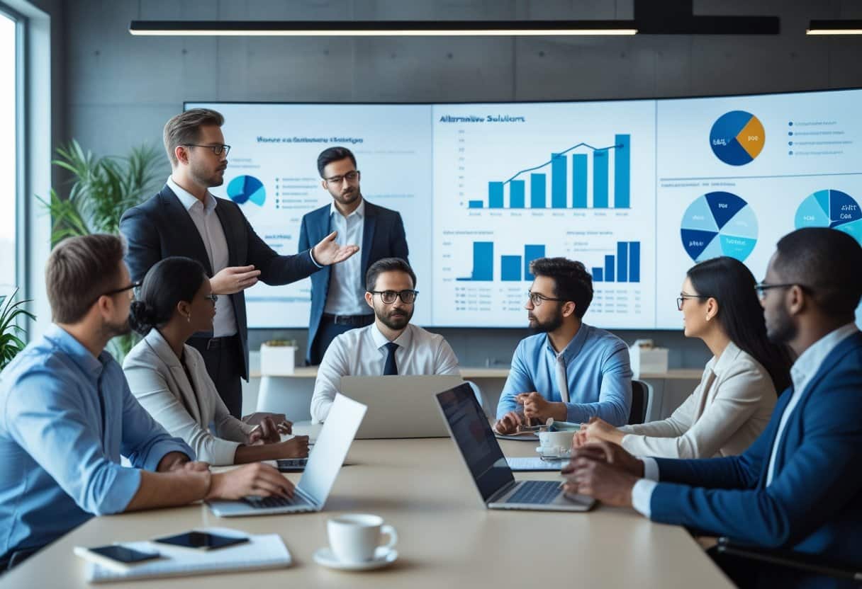 Een groep zakelijke professionals bespreekt alternatieven voor ontslag in een moderne kantooromgeving.