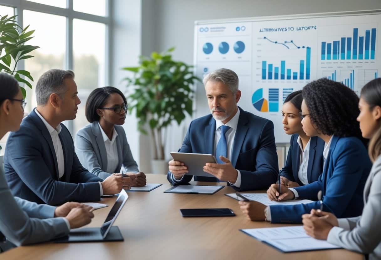 Een groep zakelijke professionals in een vergaderruimte bespreekt alternatieven voor ontslag tijdens een bedrijfsvergadering.