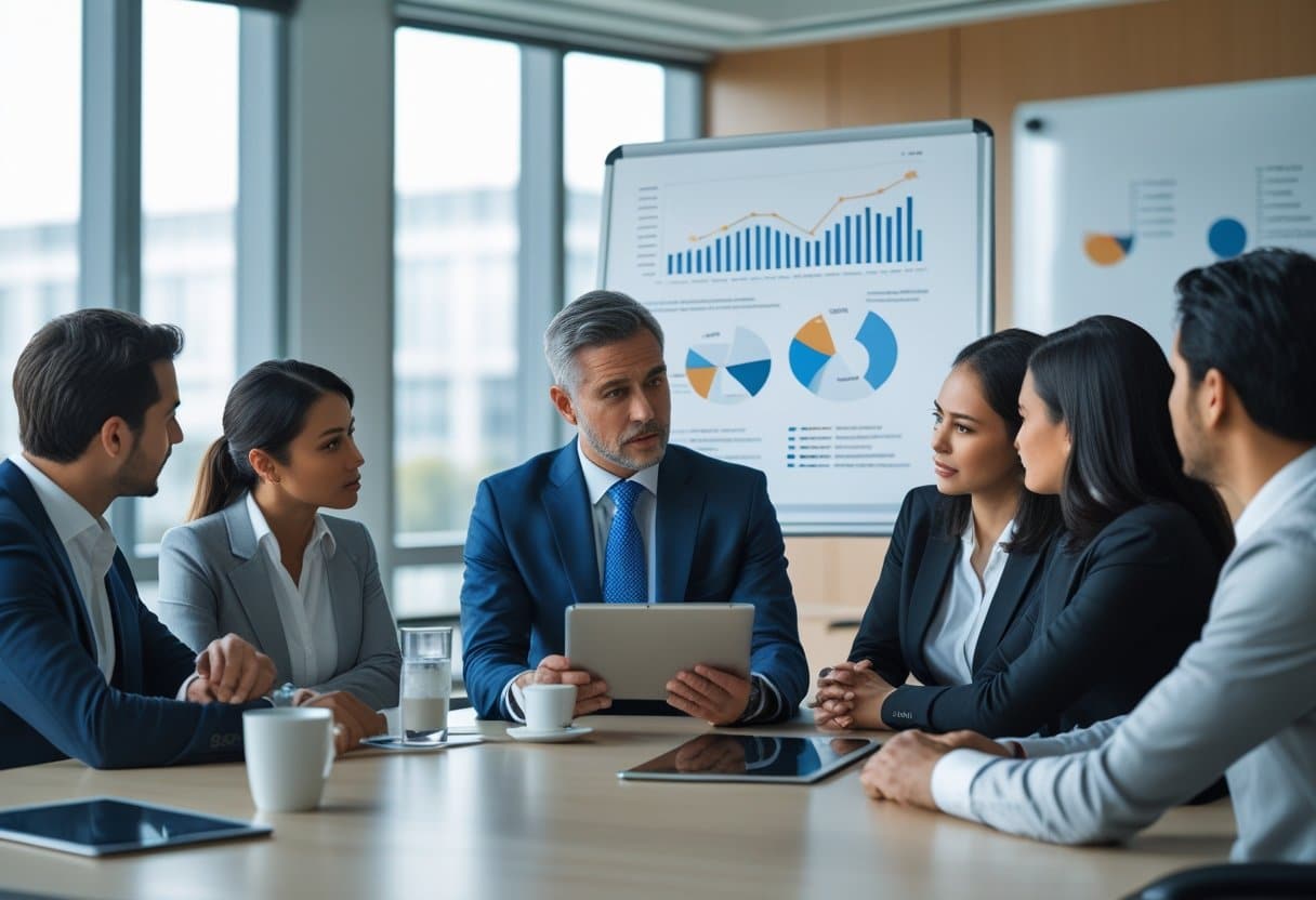 Een groep zakelijke professionals bespreekt alternatieven voor ontslag in een vergaderruimte.