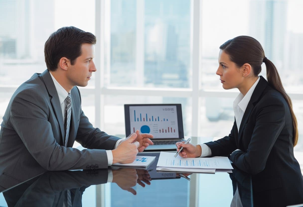 Twee zakelijke professionals die aan een tafel zitten en een gesprek voeren in een kantoor.