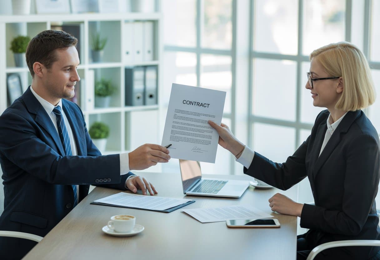 Twee zakelijke professionals die aan een tafel zitten en een contract overhandigen in een kantooromgeving.