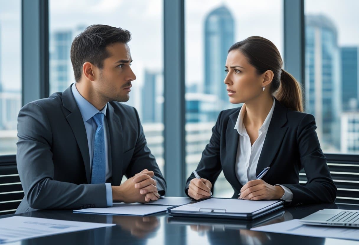 Twee zakelijke professionals in een kantoor die een serieus gesprek voeren aan een vergadertafel.