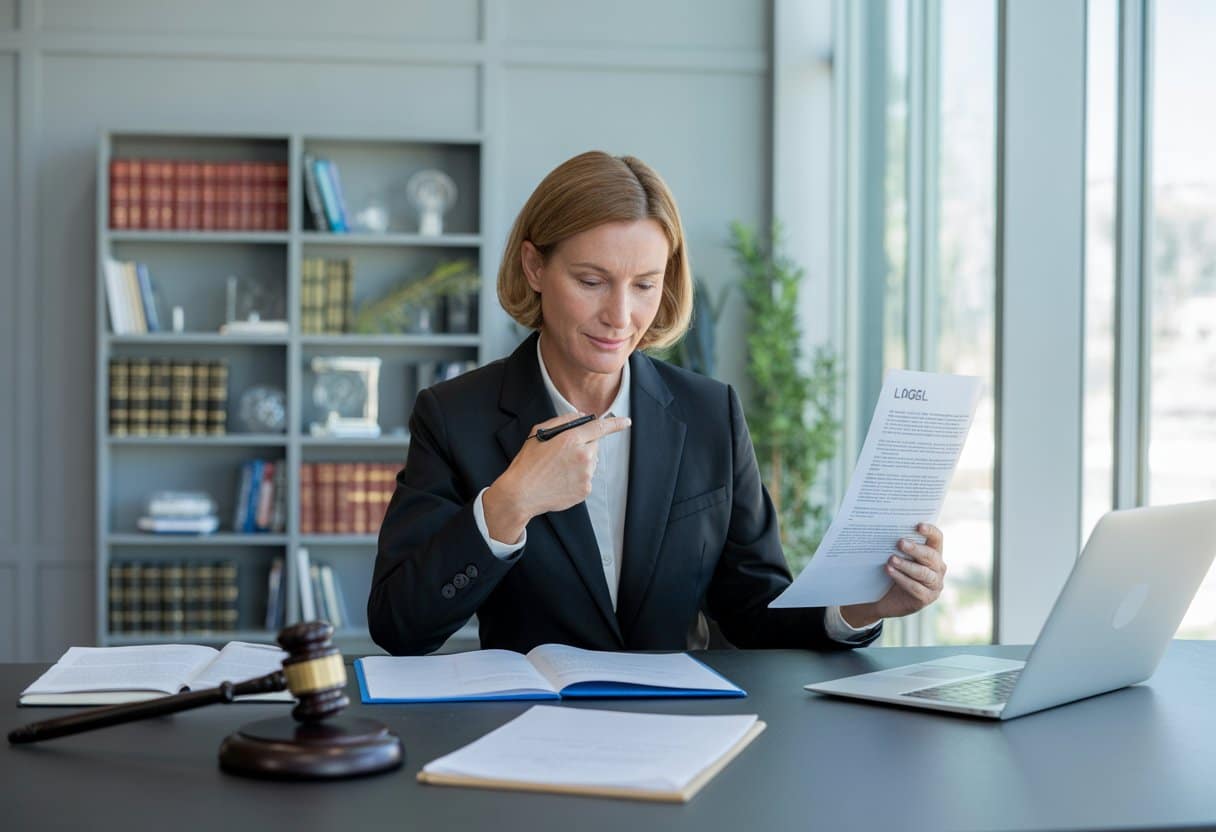 Een professionele handelsagent zit aan een bureau in een modern kantoor en bekijkt juridische documenten.