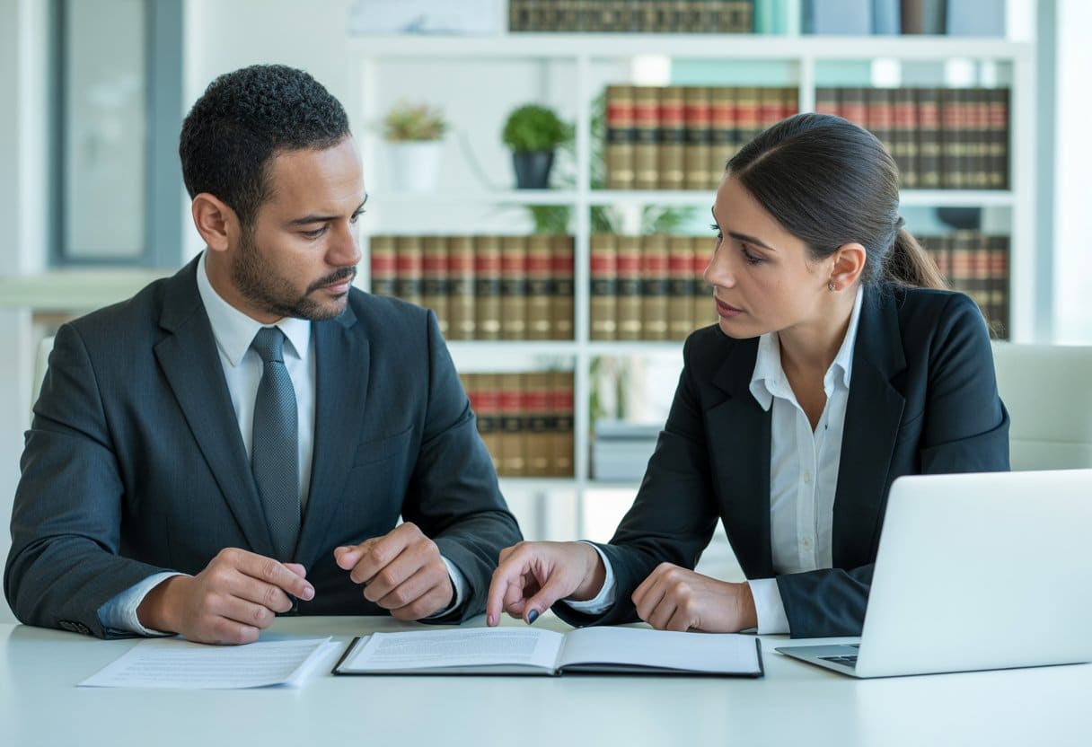 Twee zakelijke professionals bespreken een contract aan een tafel in een kantooromgeving.