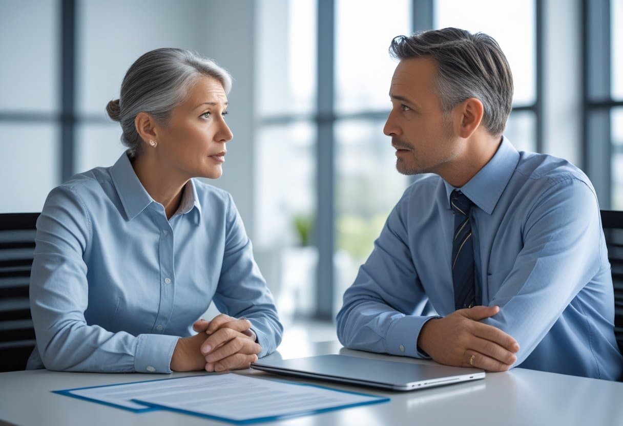 Een werknemer en een HR-manager zitten tegenover elkaar aan een bureau in een kantoor en voeren een serieus gesprek.