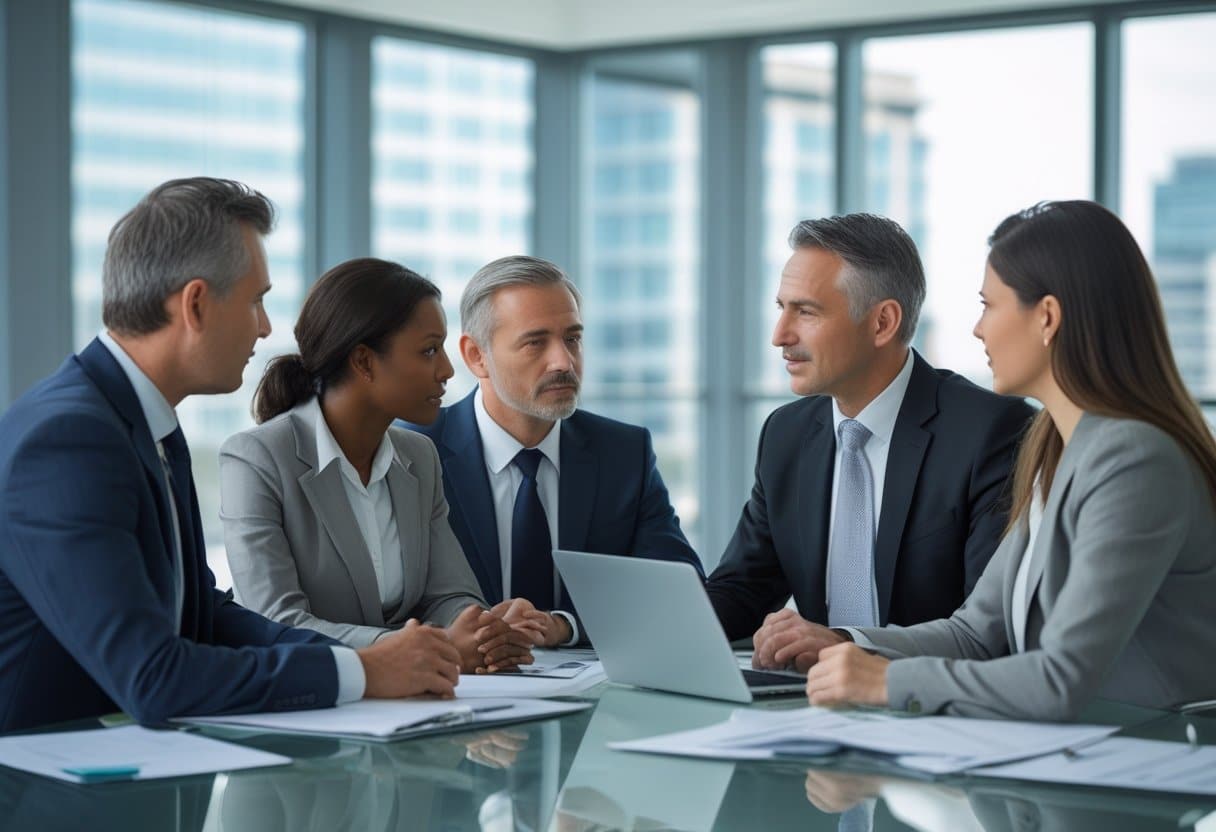 Een zakelijk gesprek tussen professionals in een moderne kantoorruimte over ontslag om bedrijfseconomische redenen.