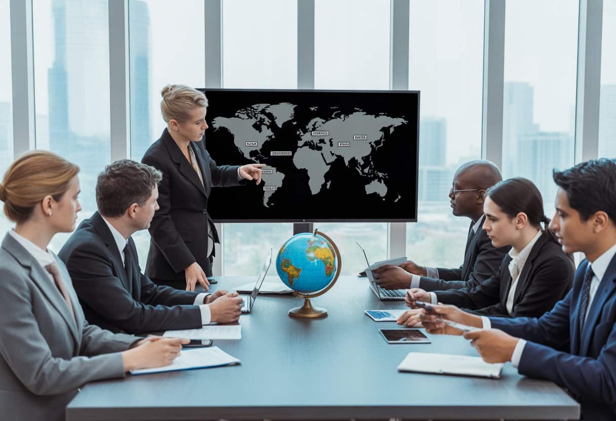 Een groep internationale zakenmensen zit rond een vergadertafel in een kantoor, bespreekt contracten met een wereldkaart op een scherm.