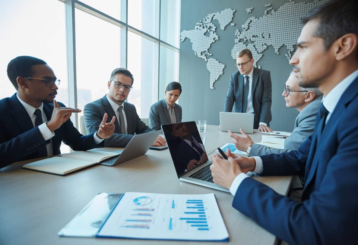 Een groep zakelijke professionals bespreekt documenten rondom een vergadertafel met een wereldbol op de achtergrond.