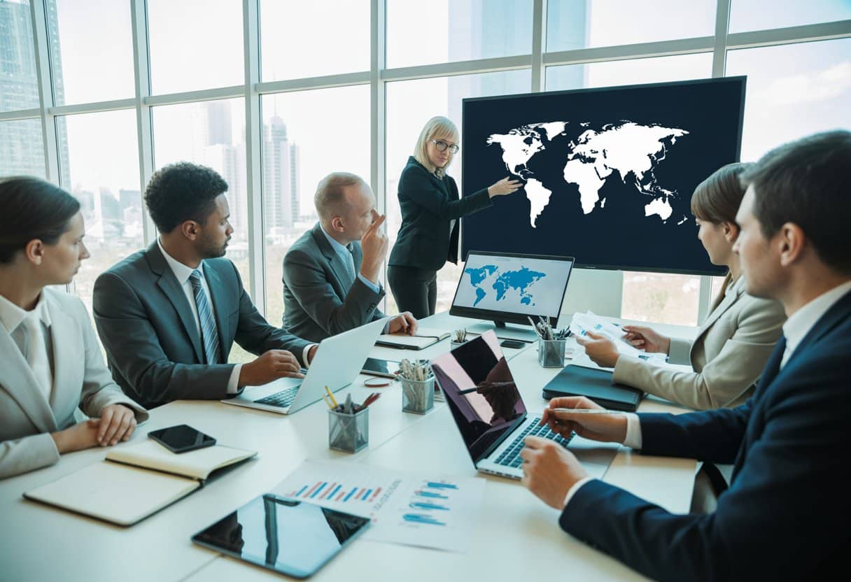 Een groep zakelijke professionals bespreekt internationale distributieovereenkomsten in een vergaderruimte met een wereldkaart op een scherm.