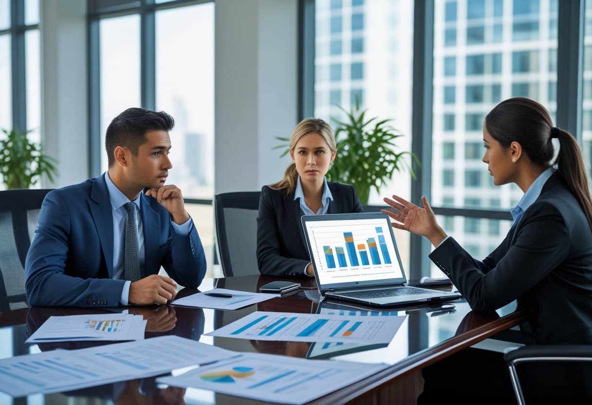 Een zakelijke bijeenkomst met een werknemer en een HR-medewerker die een gesprek voeren aan een vergadertafel in een kantoor.