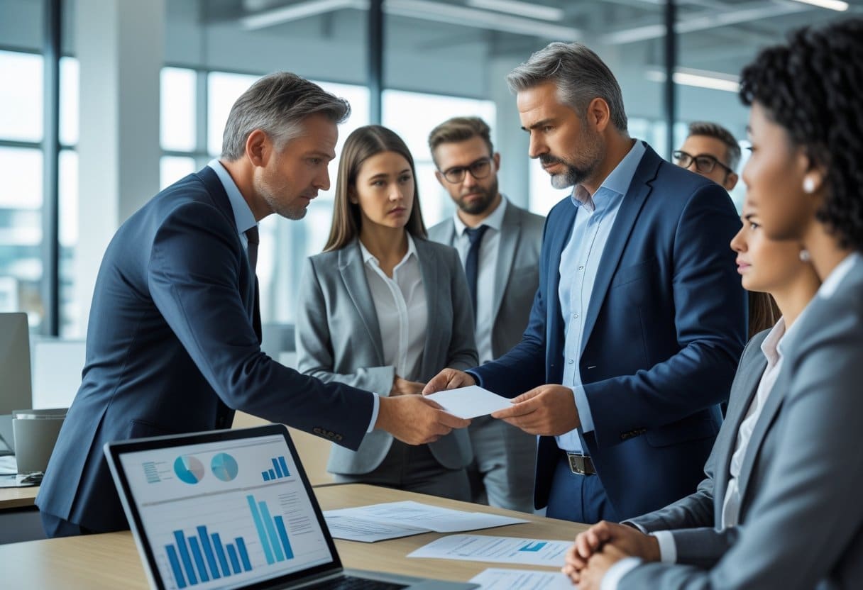 Een zakelijke omgeving waar een man een formele brief overhandigt aan een bezorgde werknemer, omringd door collega's die meekijken.