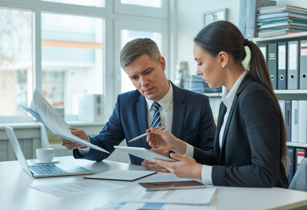 Twee zakelijke professionals bespreken een contract in een kantooromgeving.