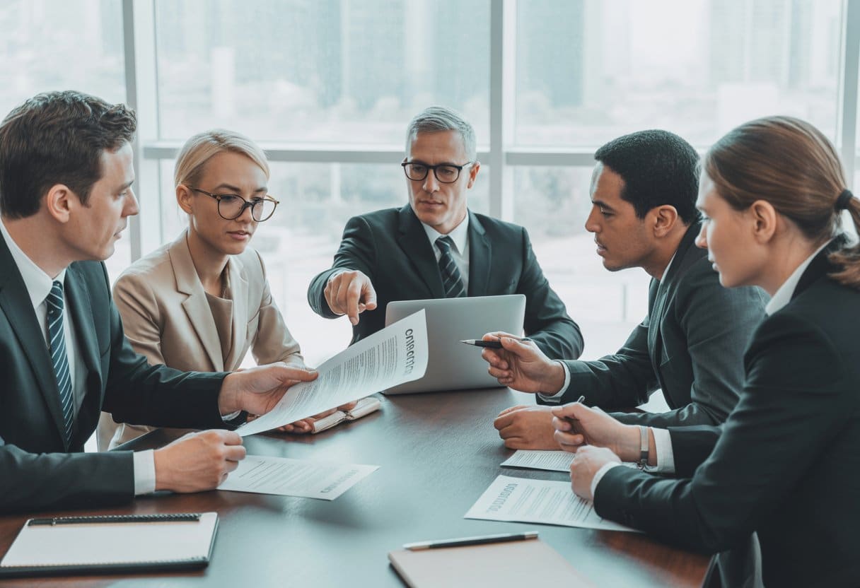 Een groep zakelijke professionals bespreekt contracten rond een vergadertafel in een modern kantoor.