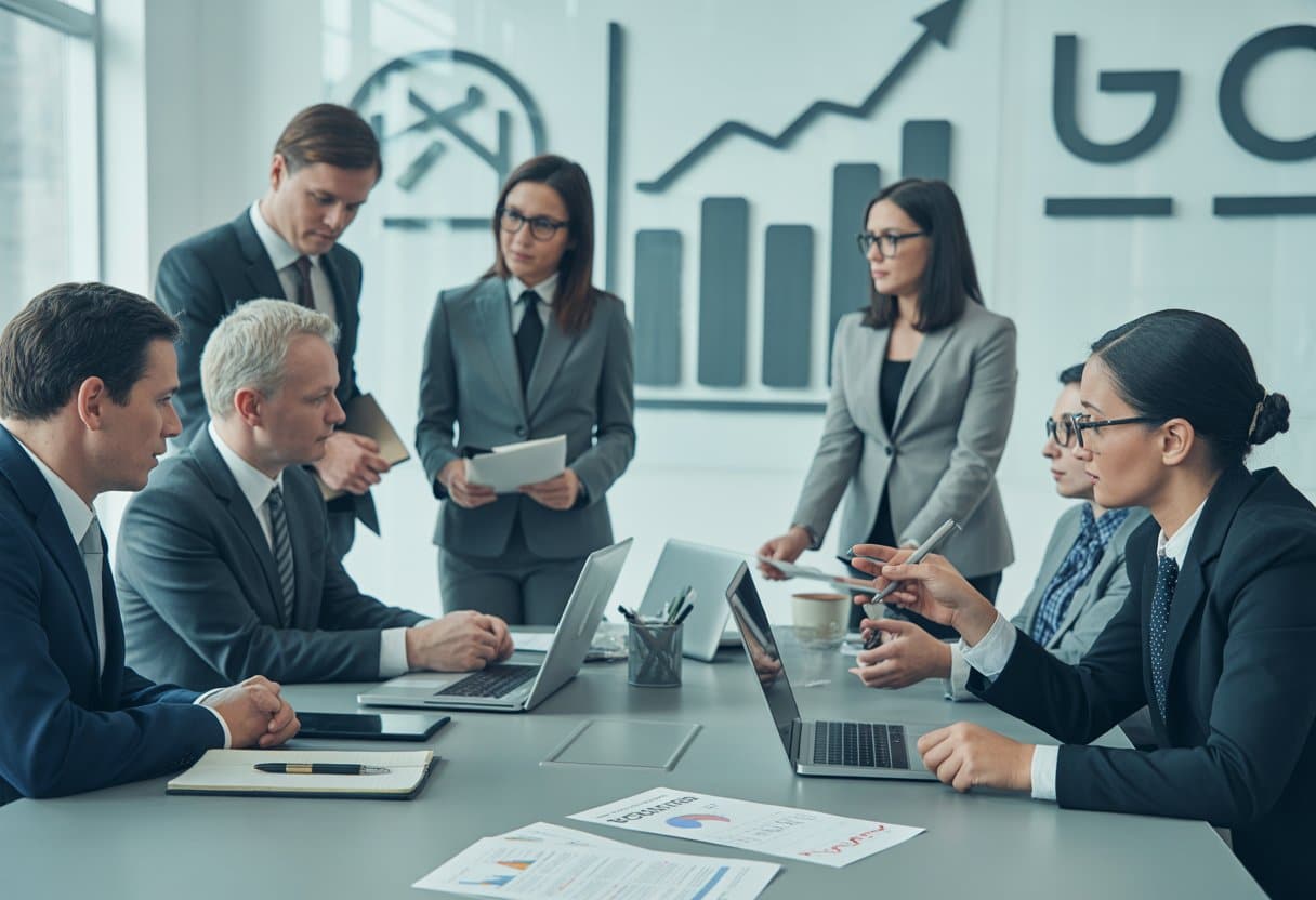 Een groep zakelijke professionals bespreekt contracten en juridische documenten in een moderne vergaderruimte.