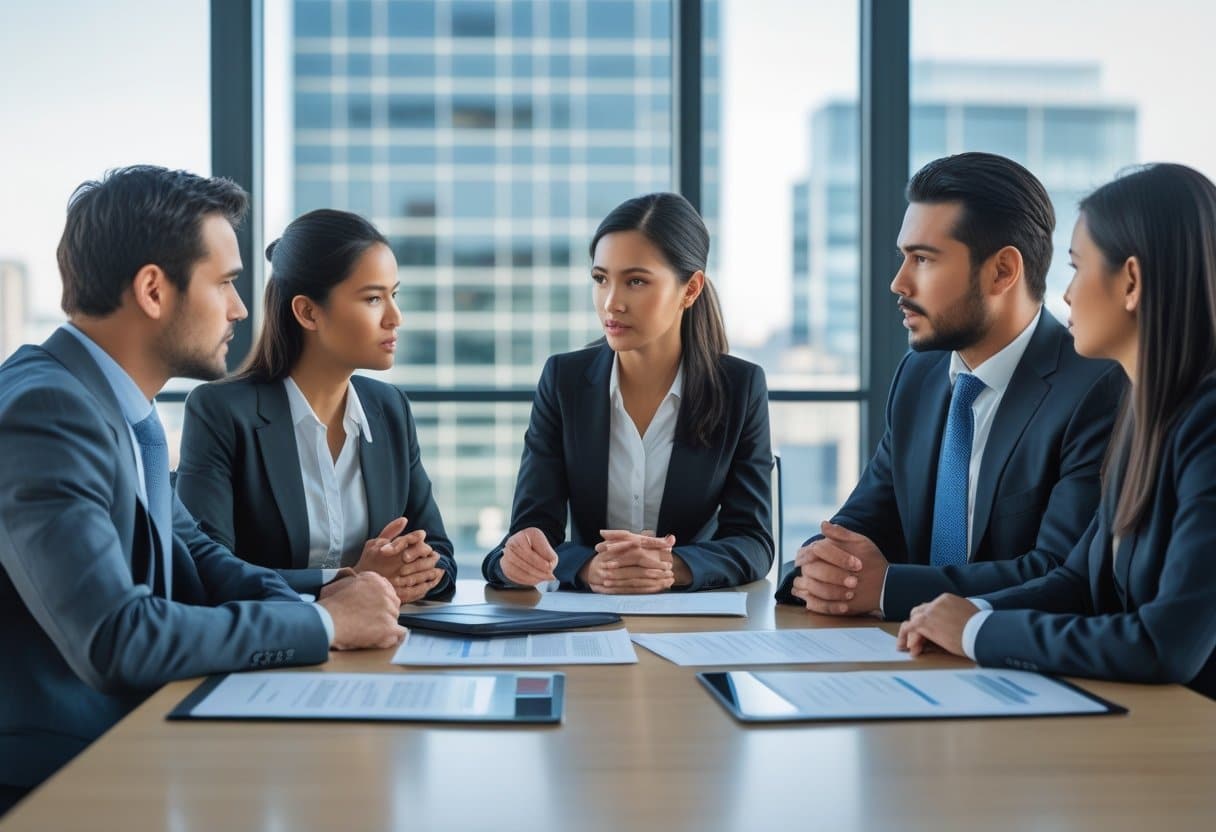 Een zakelijke bijeenkomst met professionals die een gesprek voeren aan een tafel in een kantoor.