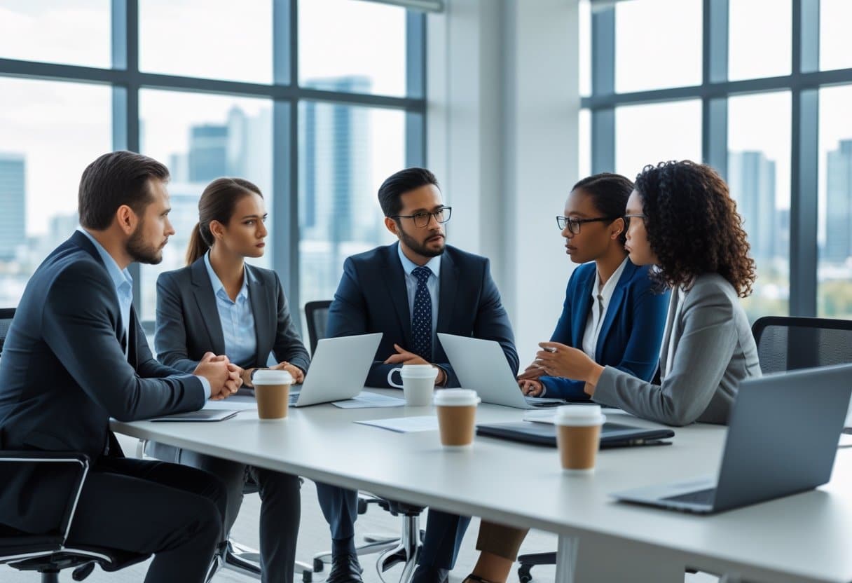 Een groep professionals bespreekt serieus documenten aan een kantoor tafel in een moderne werkomgeving.
