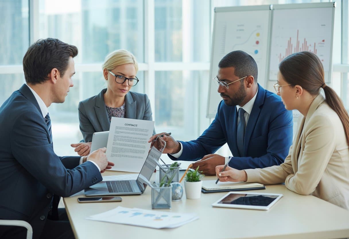 Vier professionals zitten rond een vergadertafel en bespreken documenten in een kantoor.