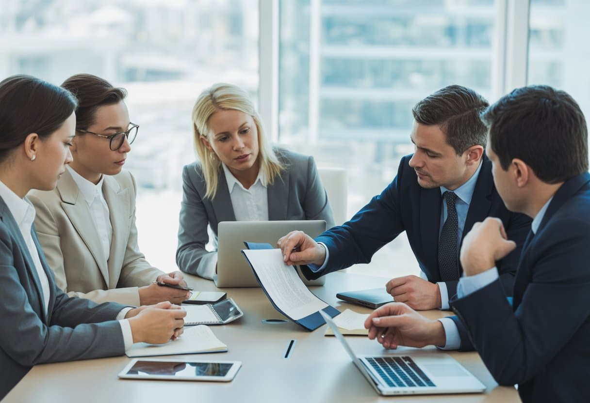 Een groep zakelijke professionals bespreekt samen een contract aan een vergadertafel in een kantoor.