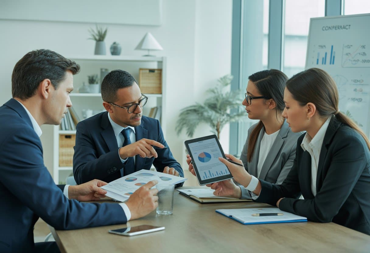 Vier zakelijke professionals bespreken documenten aan een vergadertafel in een kantoor.