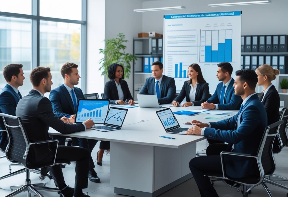 Een groep zakelijke professionals zit rond een vergadertafel in een kantoor, bezig met een bespreking over bedrijfseconomisch ontslag.