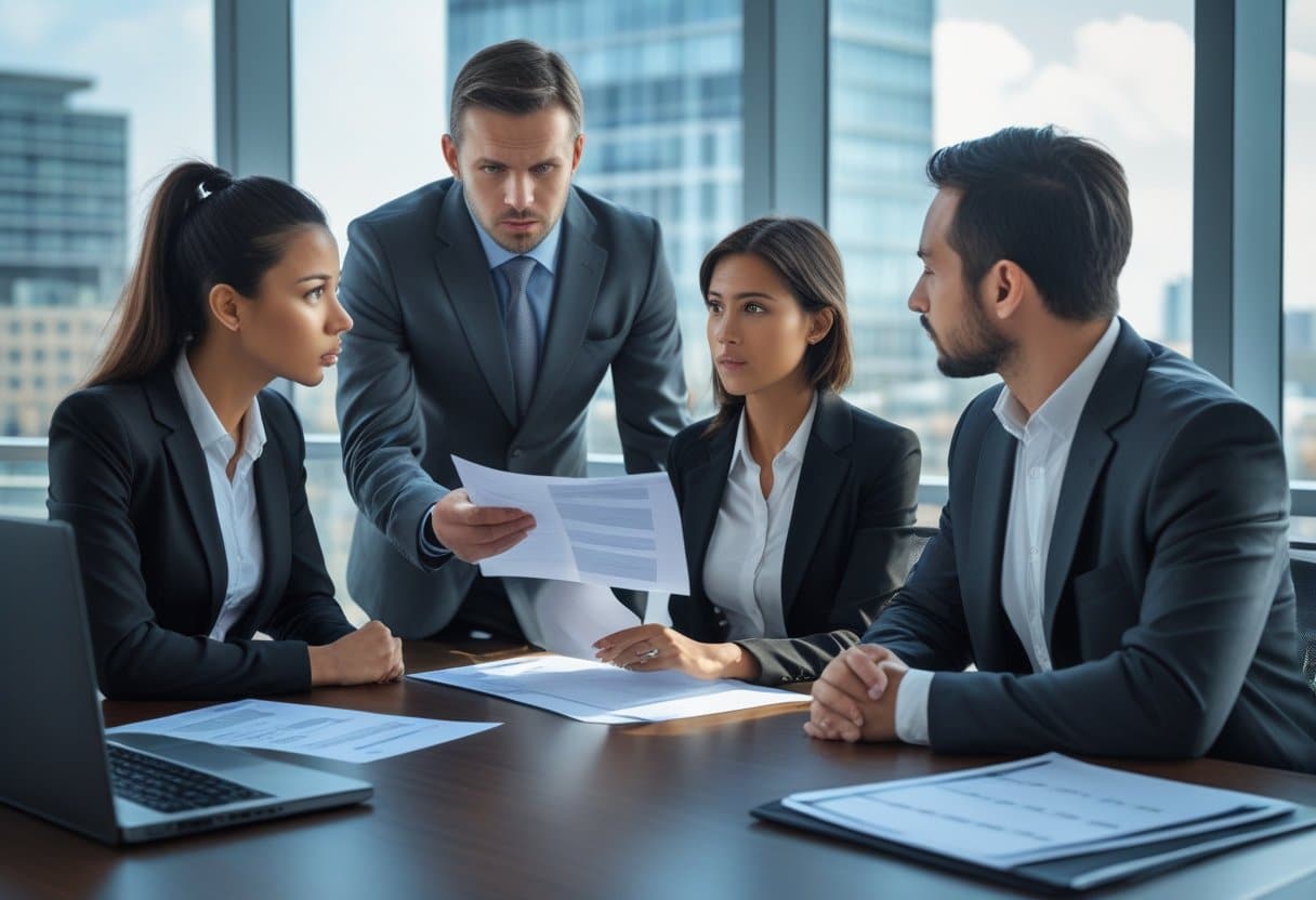 Een zakelijke vergadering in een modern kantoor waar een manager documenten bespreekt met een werknemer die aandachtig luistert.