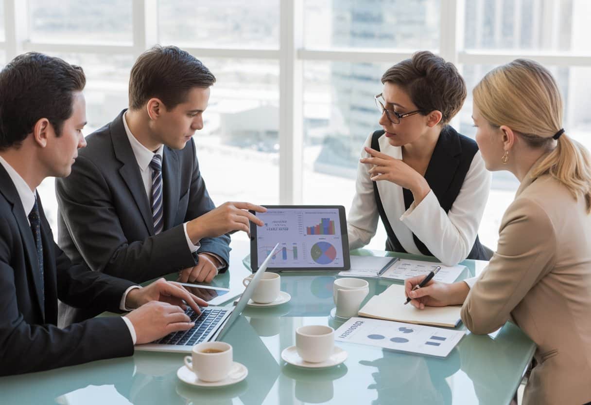 Een groep zakelijke professionals die rond een tafel in een kantoor vergaderen over winstverdeling en verantwoordelijkheden.