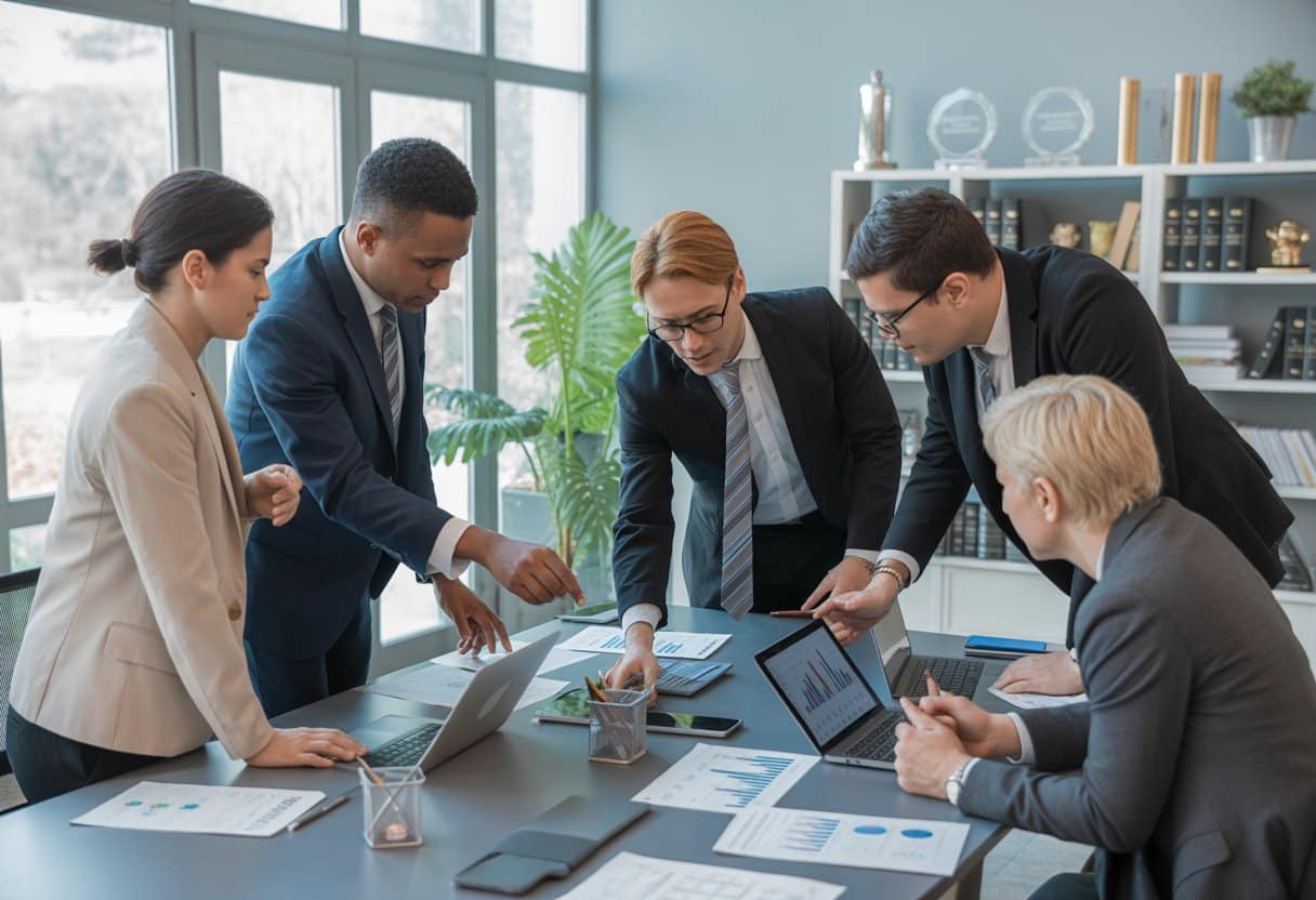 Een groep zakelijke professionals bespreekt winstverdeling en verantwoordelijkheden tijdens een vergadering rond een tafel in een modern kantoor.