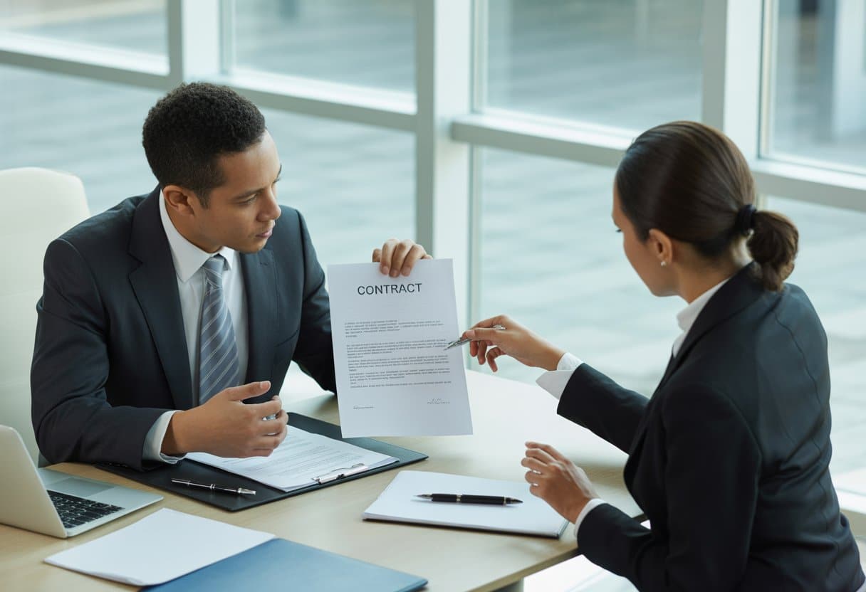 Twee zakelijke professionals bespreken een contract aan een tafel in een modern kantoor.