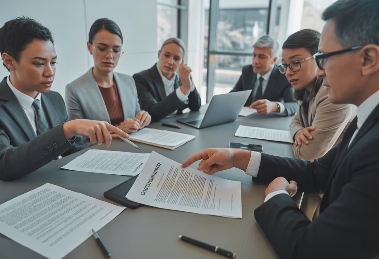 Een groep zakelijke professionals bespreekt contracten rond een vergadertafel in een moderne kantooromgeving.