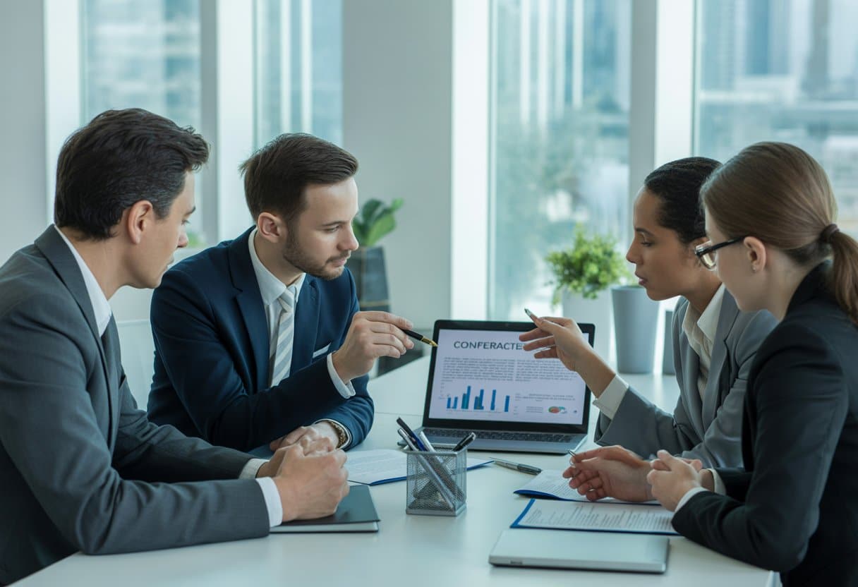 Vier zakelijke professionals zitten aan een vergadertafel en bespreken documenten in een kantoor.