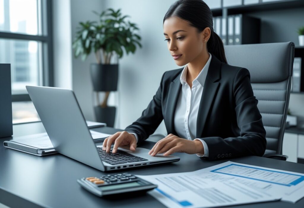 Een persoon zit aan een bureau in een kantoor en berekent ontslagvergoeding met een laptop, documenten en een rekenmachine.