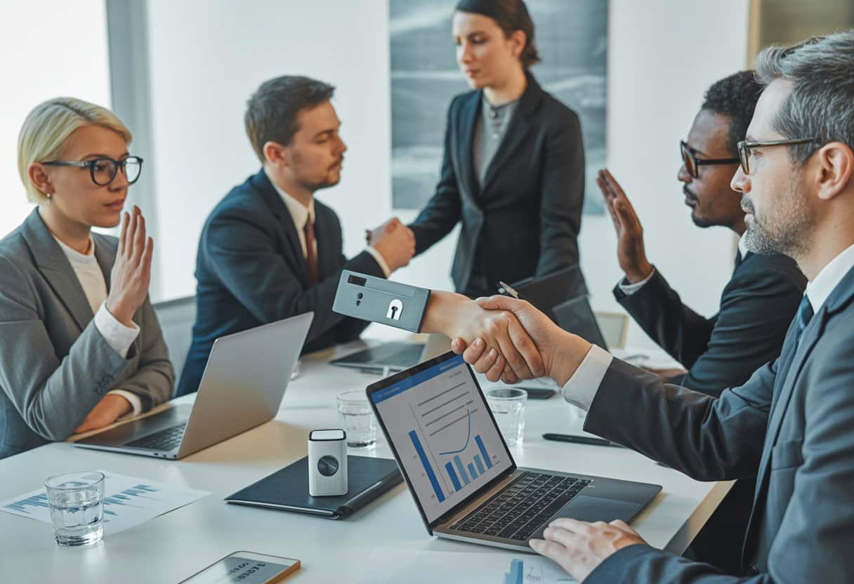 Een groep zakelijke professionals die in een moderne kantoorruimte rond een tafel overlegt, met documenten en laptops, waarbij twee mensen elkaar de hand schudden.