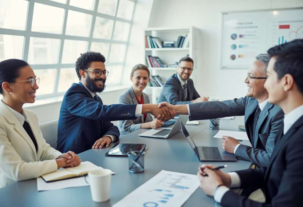 Een groep zakelijke professionals zit rond een vergadertafel, twee personen schudden handen terwijl anderen betrokken en tevreden kijken.