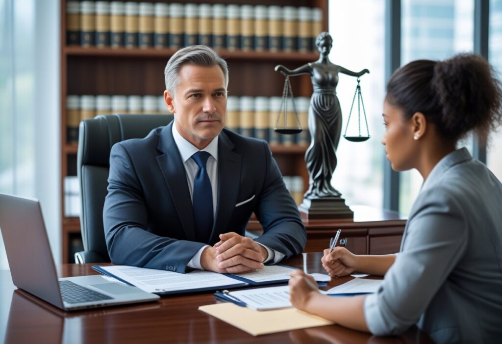 Een advocaat en een werknemer zitten tegenover elkaar aan een bureau in een kantoor, in gesprek over juridische zaken.