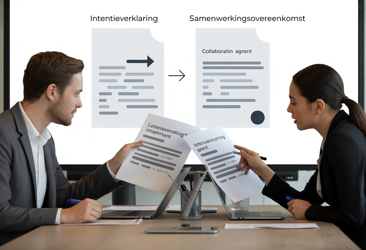 Twee professionals die in een kantoor over documenten praten, met een whiteboard op de achtergrond dat een stappenplan toont.