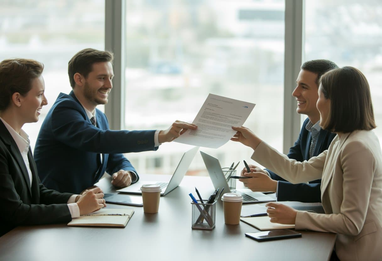 Vier professionals zitten rond een vergadertafel en overhandigen een document, wat samenwerking en overeenstemming uitbeeldt.