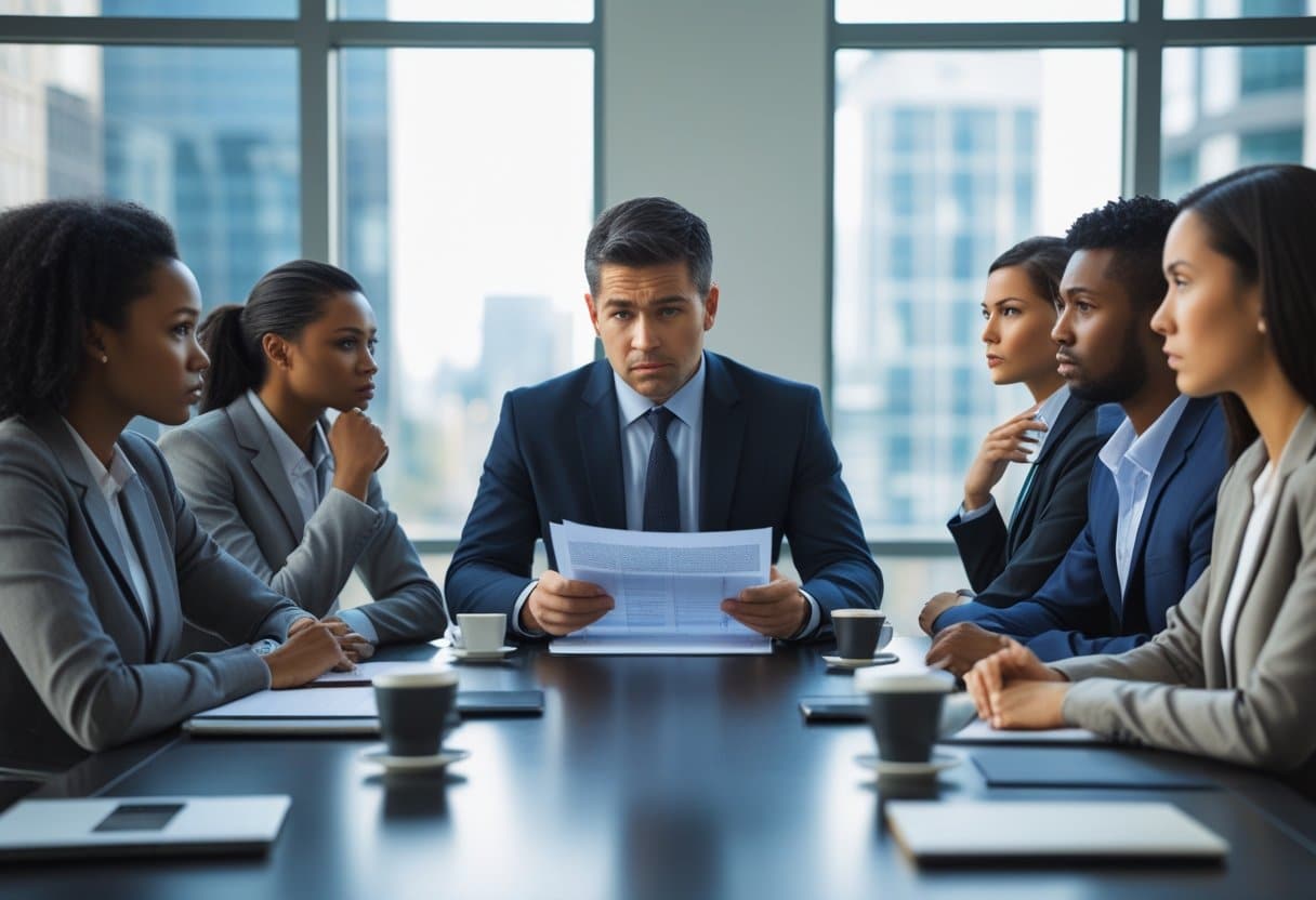 Een groep zakelijke professionals zit rond een vergadertafel in een modern kantoor, met een bezorgde manager die een document presenteert terwijl anderen nadenken.