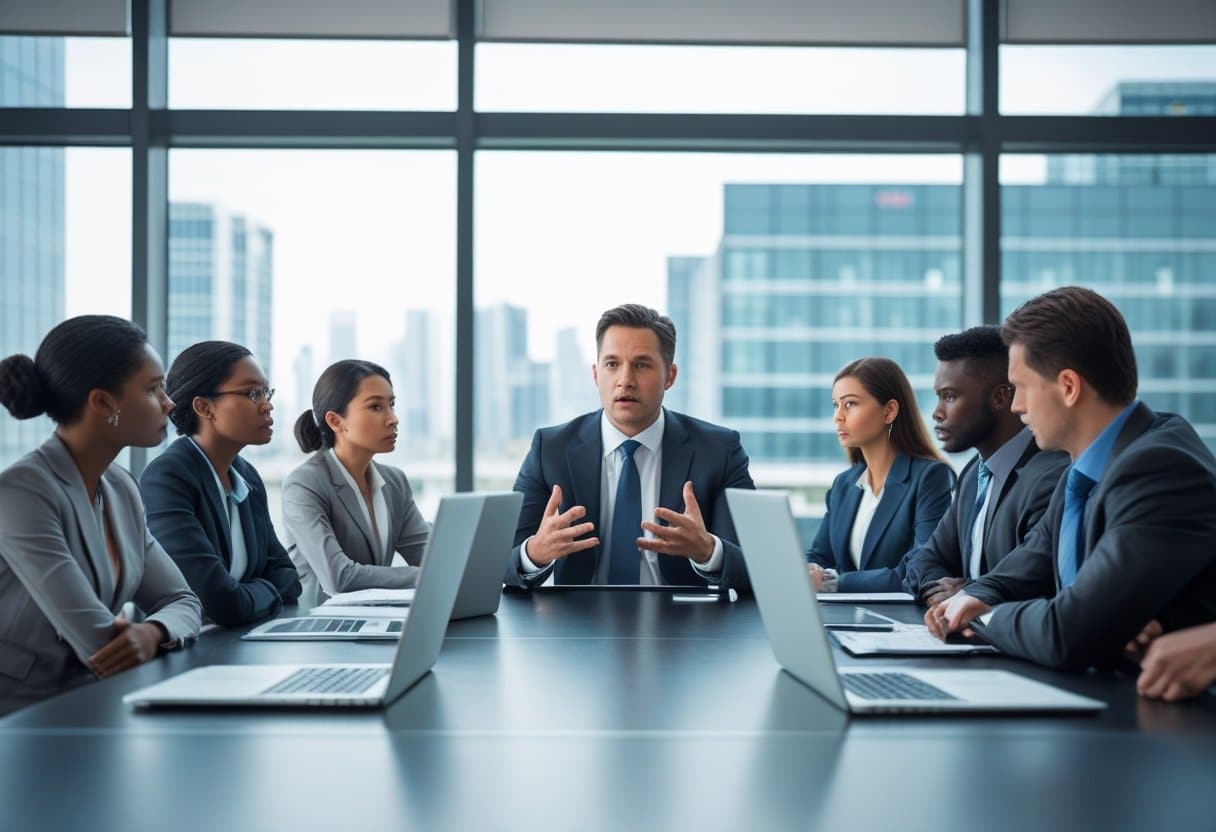 Een zakelijke vergadering waarbij een werkgever en werknemers serieus overleggen aan een tafel in een modern kantoor.