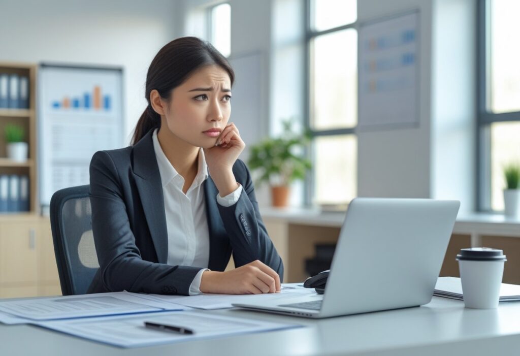 Vrouw zit aan bureau in kantoor en bekijkt documenten met een nadenkende blik.