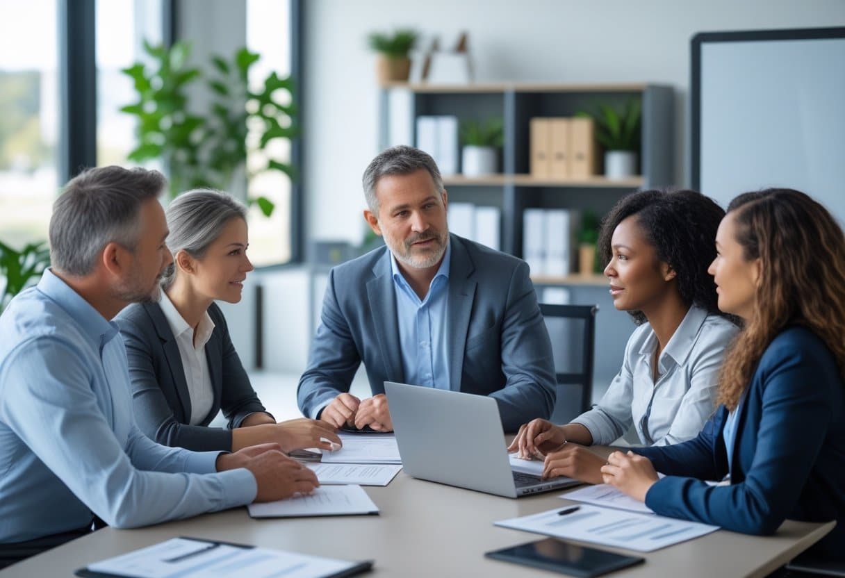 Een groep werknemers en een manager in een kantoor, in gesprek aan een tafel over werkgelegenheid.