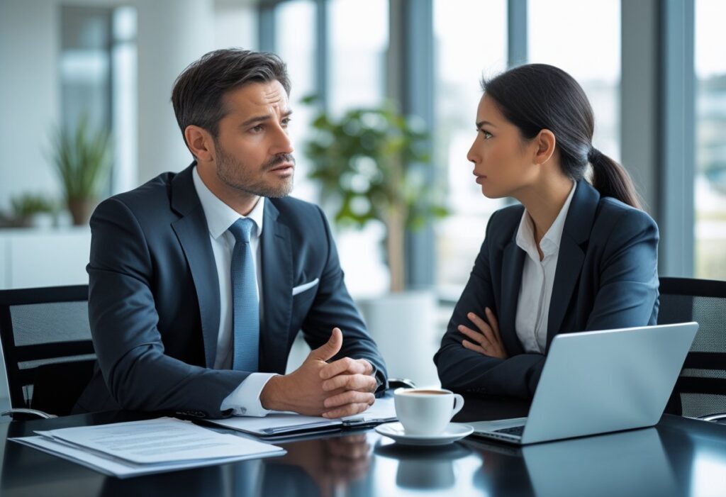 Twee mensen zitten tegenover elkaar aan een vergadertafel in een kantoor en voeren een serieus gesprek.