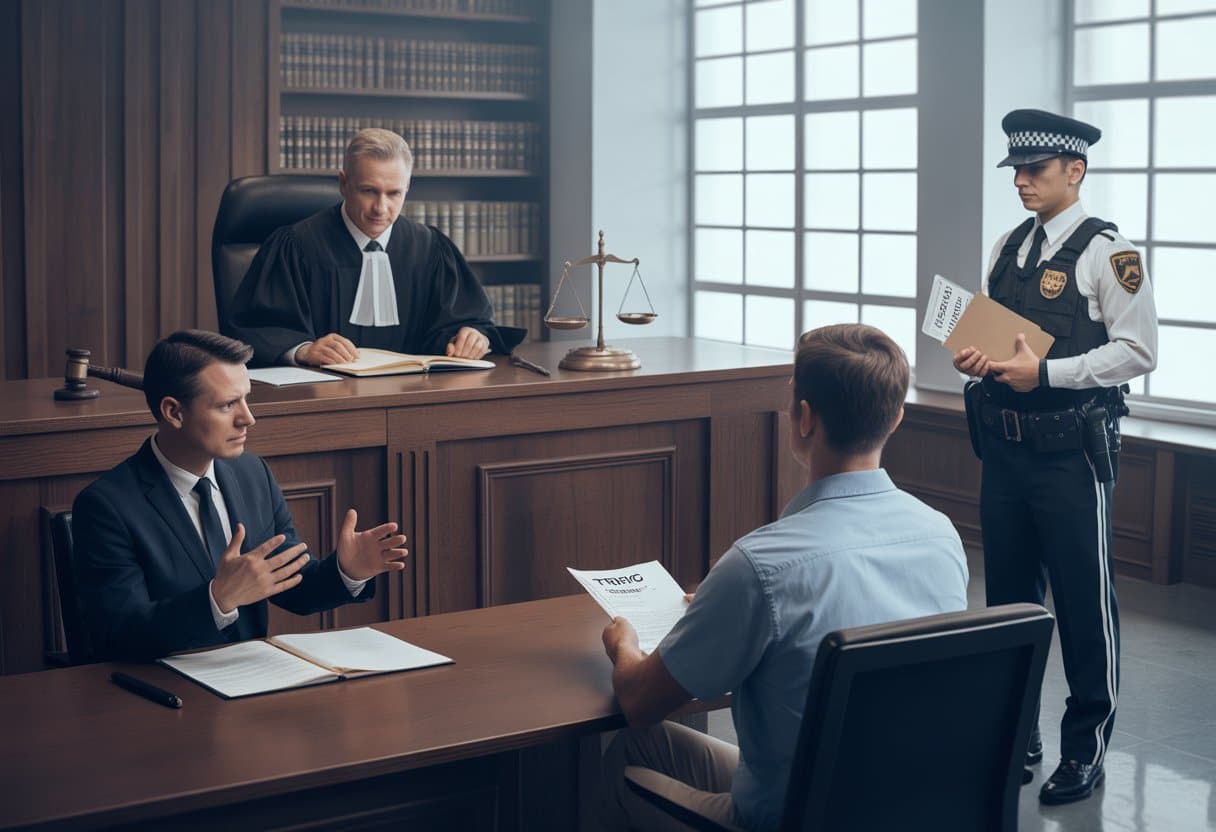 Een rechter in een rechtszaal luistert aandachtig naar een advocaat terwijl een politieagent en een verdachte aanwezig zijn.