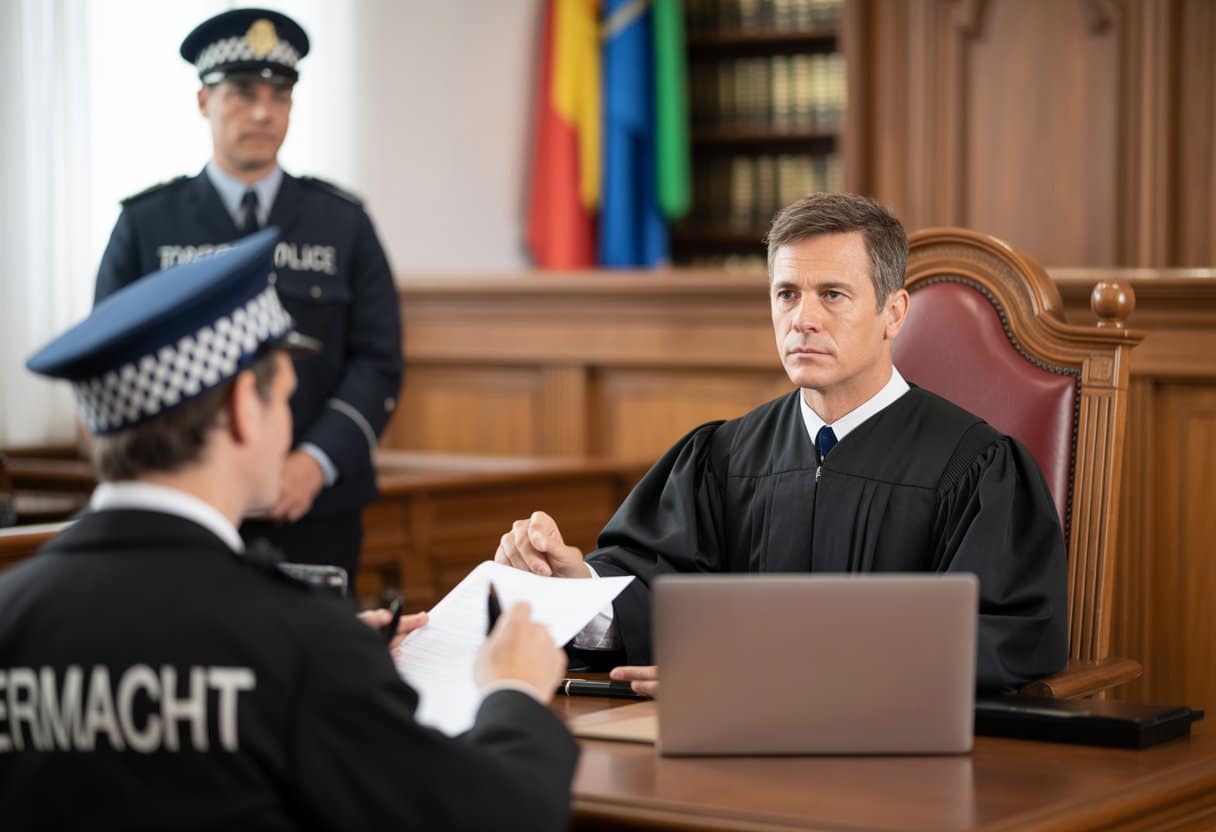 Een rechtbankscène met een rechter, een advocaat die een zaak presenteert, en een verkeersagent die observeert.