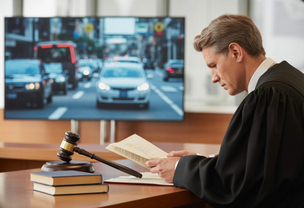 Een rechter in een moderne rechtszaal bekijkt documenten terwijl op de achtergrond een drukke straat met verkeer te zien is.