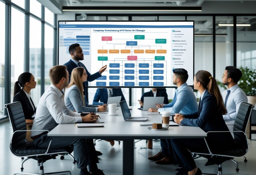 Een groep zakelijke professionals in een vergaderruimte bespreekt een reorganisatieplan, met een manager die een organigram toont op een scherm.