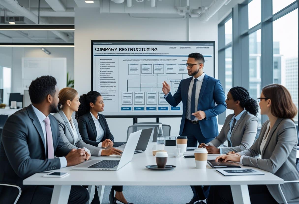 Een groep zakelijke professionals bespreekt een reorganisatie in een moderne kantooromgeving.