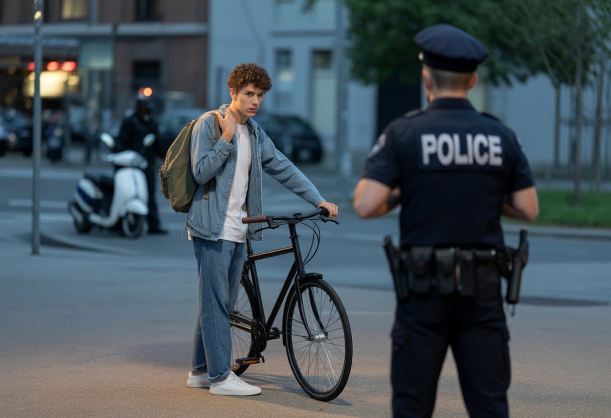 Een jonge koerier staat gespannen bij een fiets op een stadsstraat terwijl een politieagent nadert.