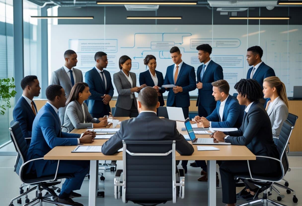 Een groep zakelijke professionals bespreekt documenten rond een vergadertafel in een moderne kantooromgeving.