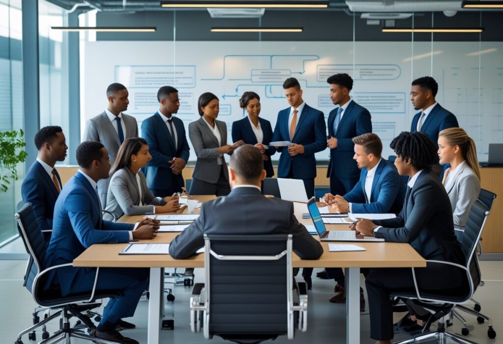 Een groep zakelijke professionals bespreekt documenten rond een vergadertafel in een moderne kantooromgeving.